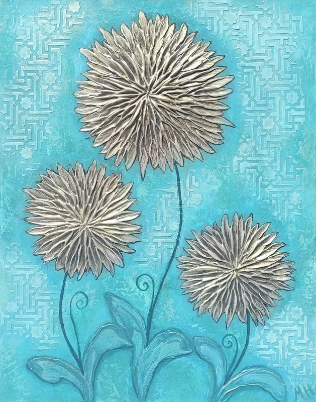 Asters with turquoise background (2023) Acrylic painting by Hasmik Mamikonyan