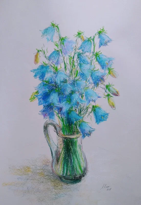 Bluebells flowers. Pastel drawing on bluish paper. 48х65 (2019) Pastel drawing by Elena Klyan