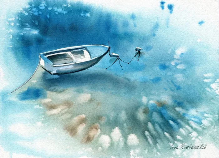 Boat in shallow water (2021) Watercolour by Irina Povaliaeva