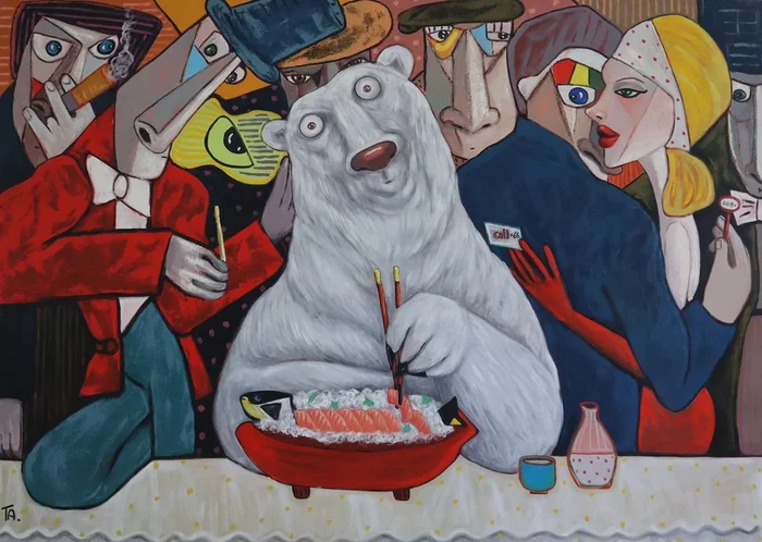 Conspirators and Sushi Bear (2024) Oil painting by Ta Byrne