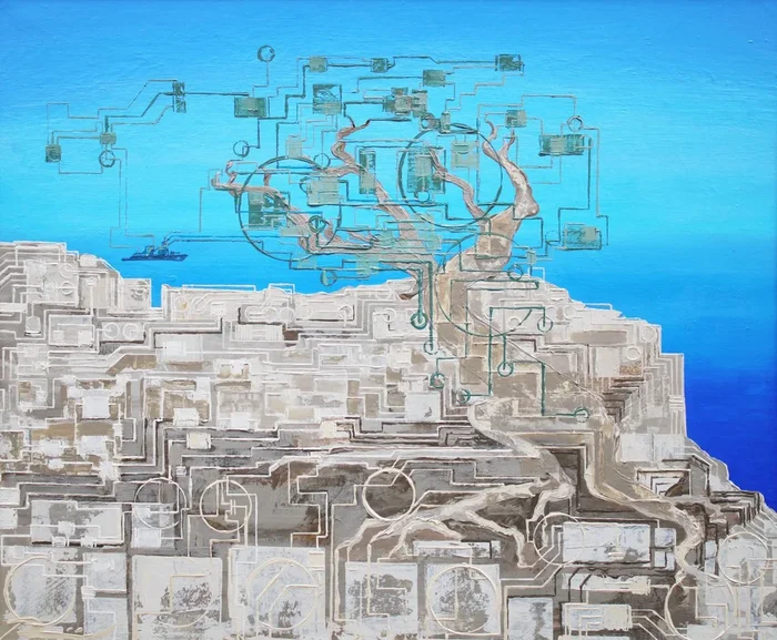 Construction of a Mate from the Island’s Perspective (Crete) (2020) Acrylic painting by Rebecca J. White