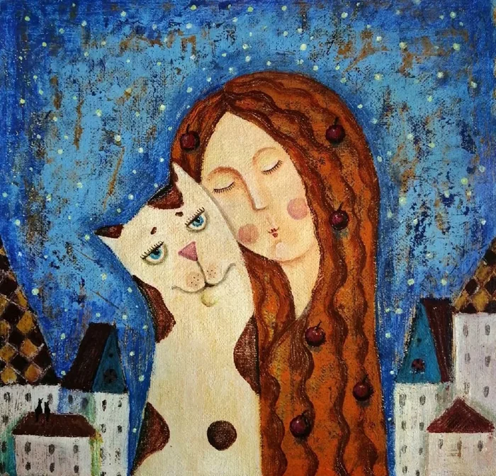 Girl and cat (2021) Acrylic painting by Elena Razina