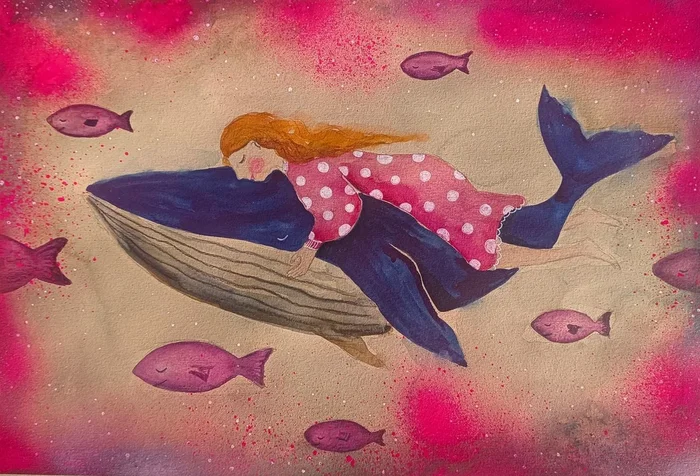 Hugging A Whale (2024) Watercolour by Evgenia Smirnova