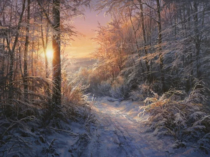 Magic winter evening (2022) Acrylic painting by Viktar Yushkevich YUVART