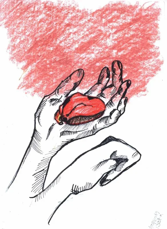 My heart in your hands (1998) Ink drawing by Kateryna Bortsova