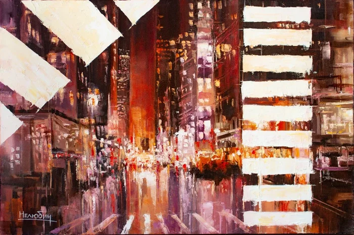 Night crosswalk (2015) Oil painting by Aleksandr Neliubin