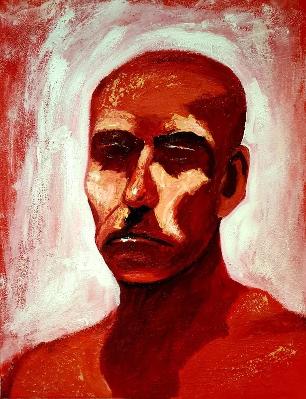 Pensive in red (2019) Acrylic painting by Leezee Lee ( Georgiana L. Nicolae)