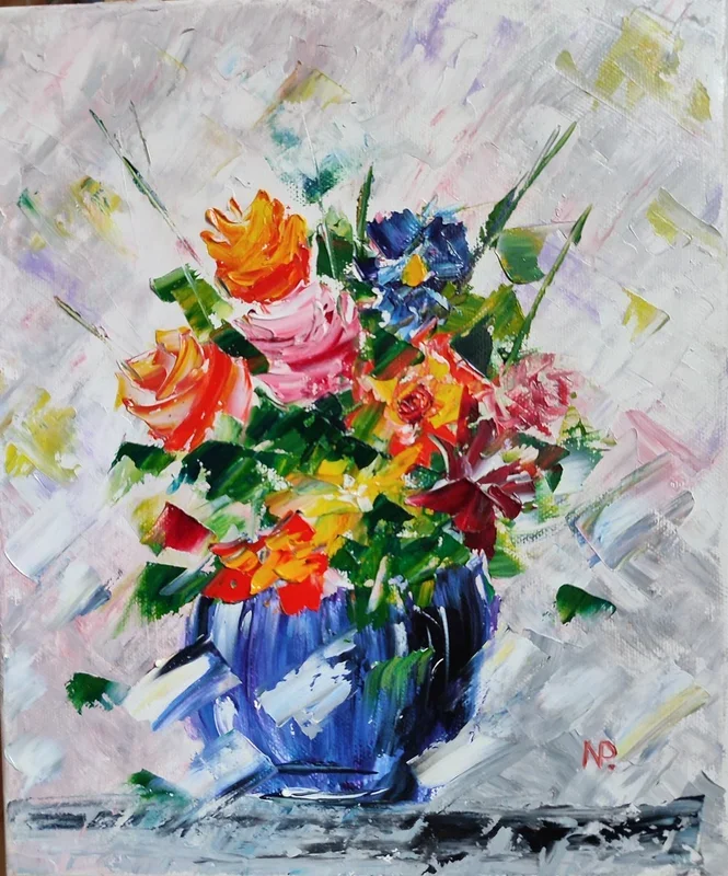 Roses in a vase. (2025) Oil painting by Nataliia Plakhotnyk