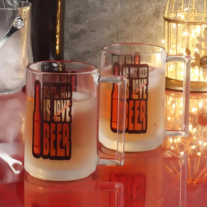 Set of 2 Quirky Quote Premium Glass Beer Mug Set (All you need is Love & Beer)