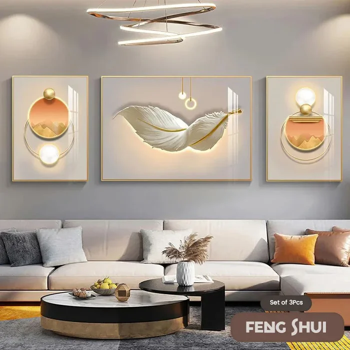 Set of 3 Pcs Modern Aesthetics Triptych Light Luxury Feather Abstract Wall Art Fine Art Canvas Prints Feng Shui Pictures For Modern Living Room