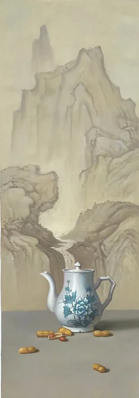 Still life Zen art: Chinese teapot with peanuts t163 (2021) Oil painting by Kunlong Wang