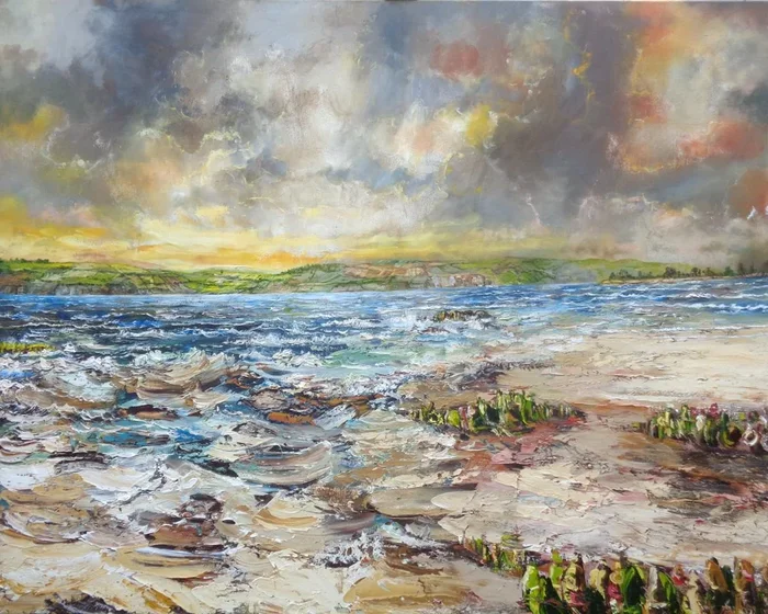 The end of day brings hope – large, sunset, romantic, beach, seascape, mountains, waves, warm colours, reds, yellows, coastline. (2016) Oil painting by Nathan J Art