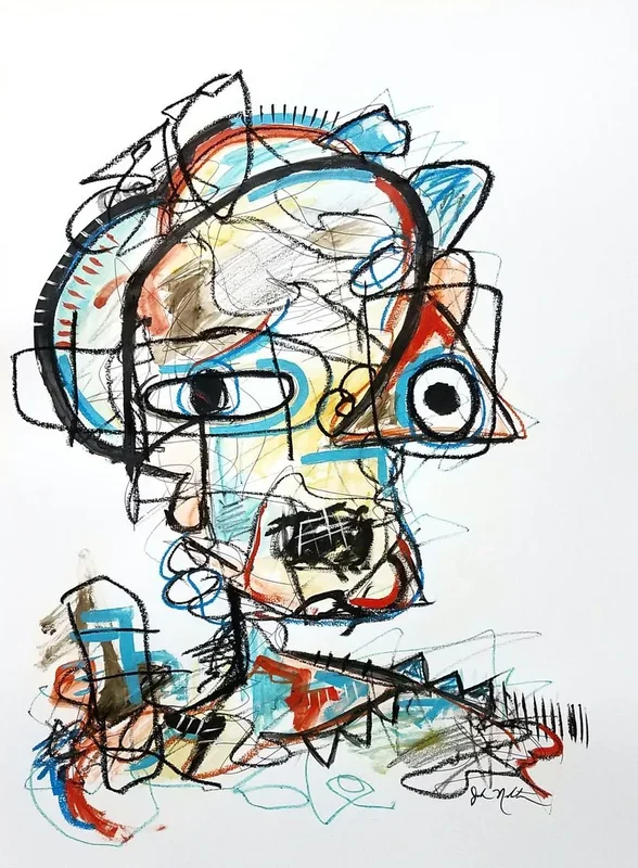 The Hipster and the Missing Tape Deck (2017) Mixed-media painting by Jake Nordstrum